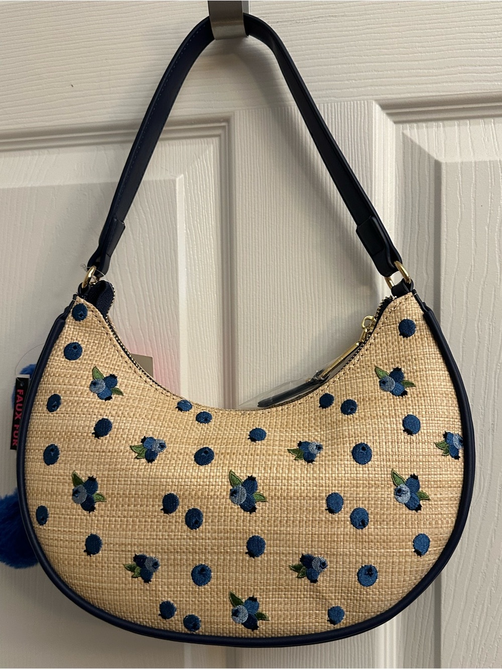 Betsey Johnson Navy Trim Straw Shoulder Bag with a Blue Pom Pom Charm - Picture 6 of 16
